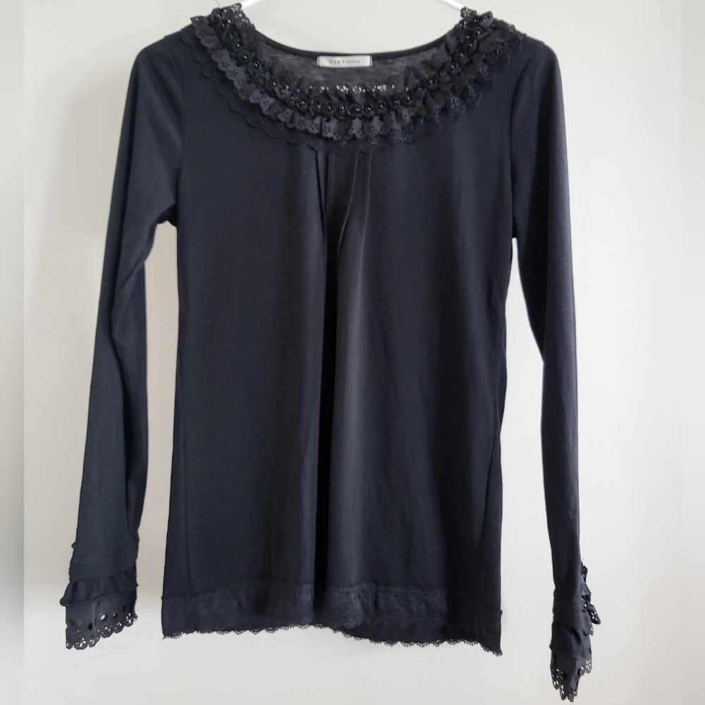 Axes Femme Black Bead and Ruffle Long Sleeve Shirt